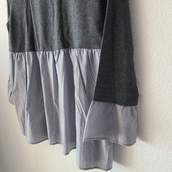 LOFT US Women's Size XS Mixed Media 3/4 Sleeve Top Ruffle Sleeve Gray Stretch - Picture 4 of 8